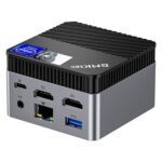 The image shows the input/output ports on the back panel of the GMKTEC NUCBOX G5 Mini PC. The ports include two HDMI ports, two USB 3.0 ports, one USB-C port, an Ethernet port, a 3.5mm audio jack, and a power input port. The ports are neatly arranged for easy access and efficient cable management