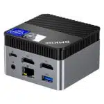 The image shows the inputoutput ports on the back panel of the GMKTEC NUCBOX G5 Mini PC The ports include two HDMI ports two USB 30 ports one USB C port an Ethernet port a 35mm audio jack and a power input port The ports are neatly arranged for easy access and efficient cable management