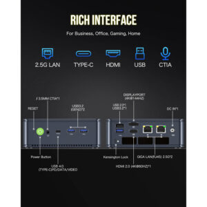 The image portrays the GMKTEC NUBOX K6 Mini PC, featuring a rich interface for versatile connectivity options. Its sleek matte black design offers a modern aesthetic, while its varied input/output ports enable seamless integration with peripherals and external devices. The GMKTEC logo is subtly featured on the top surface. Overall, the design emphasizes functionality, adaptability, and contemporary appeal.