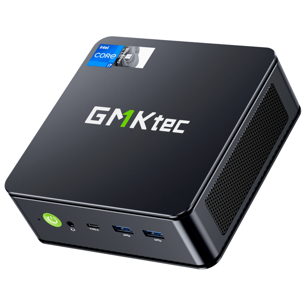 The image showcases the GMKTEC NUBOX K7 Plus Mini PC, a compact and powerful computing device. It features a sleek, modern design with a matte black finish. The GMKTEC logo is prominently displayed on the top surface. The design emphasizes high performance, portability, and versatility, making it suitable for a variety of computing tasks.