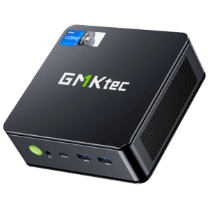 The image showcases the GMKTEC NUBOX K7 Plus Mini PC, a compact and powerful computing device. It features a sleek, modern design with a matte black finish. The GMKTEC logo is prominently displayed on the top surface. The design emphasizes high performance, portability, and versatility, making it suitable for a variety of computing tasks.