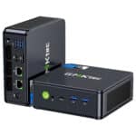 The image shows the input/output ports of the GMKTEC NUBOX K7 Plus Mini PC. These ports include HDMI ports, USB ports, an Ethernet port, and audio jacks, providing a range of connectivity options. The ports are neatly arranged for easy access and efficient cable management, enhancing the device's functionality and user experience.