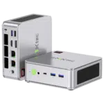 The image depicts the GMKTEC NUBOX K8 Mini PC in a stylish silver finish showcasing its sleek and modern design The silver color adds a touch of elegance to the device The GMKTEC logo is subtly displayed on the top surface Overall the image highlights the sleek and minimalist aesthetic of the GMKTEC NUBOX K8 Mini PC in silver