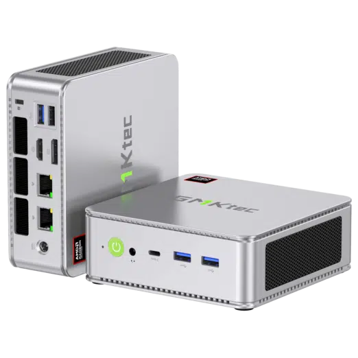 The image depicts the GMKTEC NUBOX K8 Mini PC in a stylish silver finish showcasing its sleek and modern design The silver color adds a touch of elegance to the device The GMKTEC logo is subtly displayed on the top surface Overall the image highlights the sleek and minimalist aesthetic of the GMKTEC NUBOX K8 Mini PC in silver