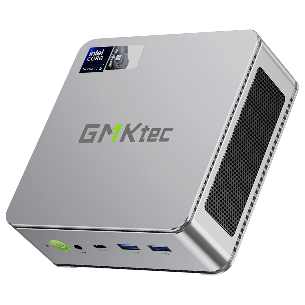 The image showcases the GMKTEC NUBOX K9 Mini PC in a stylish silver finish, adding a touch of elegance to its sleek design. The silver color enhances its modern aesthetic, making it an attractive addition to any workspace. The GMKTEC logo is subtly displayed on the top surface. Overall, the image highlights the sophisticated appearance of the GMKTEC NUBOX K9 Mini PC in silver