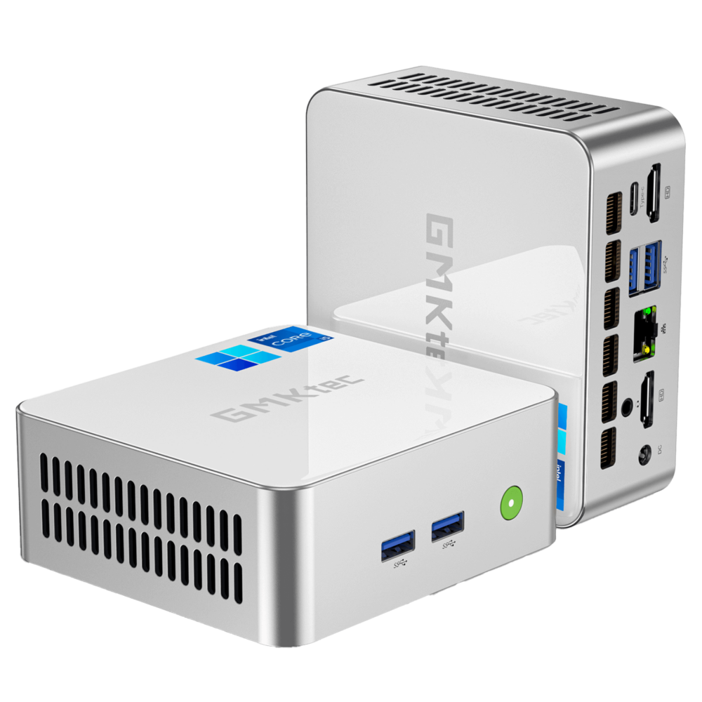 The image displays the GMKTEC M3 Mini PC, a compact and efficient computing device. It features a sleek, modern design with a matte black finish. The front panel includes multiple ports for connectivity, such as USB ports and an audio jack, and the GMKTEC logo is visible on the top surface. The design emphasizes portability and functionality, suitable for various computing needs.