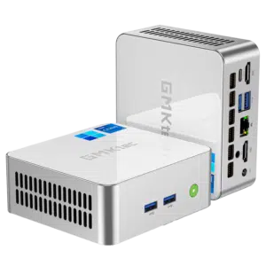 The image displays the GMKTEC M3 Mini PC, a compact and efficient computing device. It features a sleek, modern design with a matte black finish. The front panel includes multiple ports for connectivity, such as USB ports and an audio jack, and the GMKTEC logo is visible on the top surface. The design emphasizes portability and functionality, suitable for various computing needs.