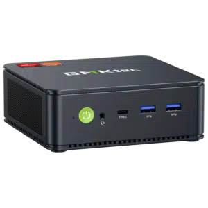 The image shows the GMKTEC NUBOX M5 Mini PC, a sleek and compact computing device. It has a modern design with a matte black finish. The front panel features several connectivity ports, including USB ports and an audio jack, and the GMKTEC logo is prominently displayed on the top. The overall design is minimalist, emphasizing portability and functionality for diverse computing tasks.