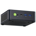 The image shows the front panel of the GMKTEC NUBOX M5 Mini PC, highlighting its input/output ports. The ports include multiple USB ports, a 3.5mm audio jack, and possibly a power button. The ports are neatly arranged for easy access, emphasizing the device's user-friendly design and connectivity options.