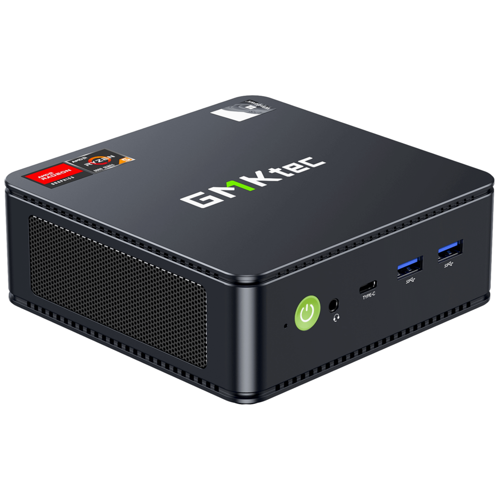 The image showcases the GMKTEC NUBOX M6 Mini PC, a compact computing device designed for versatility and efficiency. With a sleek matte black finish, it exudes a modern aesthetic. Its compact form factor makes it suitable for various computing needs. The GMKTEC logo is subtly displayed on the device, maintaining a minimalist design.