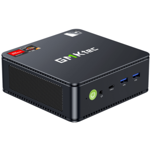 The image showcases the GMKTEC NUBOX M6 Mini PC, a compact computing device designed for versatility and efficiency. With a sleek matte black finish, it exudes a modern aesthetic. Its compact form factor makes it suitable for various computing needs. The GMKTEC logo is subtly displayed on the device, maintaining a minimalist design.