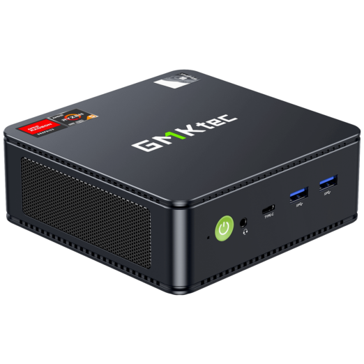 The image showcases the GMKTEC NUBOX M6 Mini PC a compact computing device designed for versatility and efficiency With a sleek matte black finish it exudes a modern aesthetic Its compact form factor makes it suitable for various computing needs The GMKTEC logo is subtly displayed on the device maintaining a minimalist design