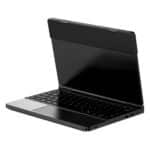 A sleek black GPD DUO laptop shown in a partially open position. The device features a unique design with a ribbed upper lid and a smooth lower half. The keyboard is visible, displaying a compact layout with black keys. A large touchpad is positioned below the keyboard. The screen is partially visible, appearing glossy and black when turned off. The laptop's slim profile and modern design suggest a high-end, portable device