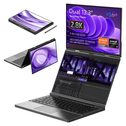 Image of the GPD Duo laptop showcasing its 3 in 1 design with dual 133 inch touchscreen displays each with 28K OLED resolution The laptop is displayed in various modes tablet tent and dual screen laptop configurations The secondary screen supports video input via USB C Specifications highlighted include AMD Ryzen 7 8840U or Ryzen AI up to 64GB LPDDR5x RAM and up to 8TB PCIe 40 NVMe SSD storage