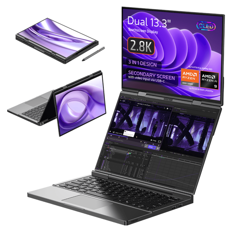 Image of the GPD Duo laptop, showcasing its 3-in-1 design with dual 13.3-inch touchscreen displays, each with 2.8K OLED resolution. The laptop is displayed in various modes: tablet, tent, and dual-screen laptop configurations. The secondary screen supports video input via USB-C. Specifications highlighted include AMD Ryzen 7 8840U or Ryzen AI, up to 64GB LPDDR5x RAM, and up to 8TB PCIe 4.0 NVMe SSD storage