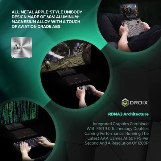 The GPD Win Max 2 (2024) showcases an all-metal, Apple-style unibody design crafted from 6061 aluminum, emphasizing durability and sleek aesthetics. It integrates RDNA3 architecture for its graphics, ensuring high-performance gaming and visual processing capabilities.