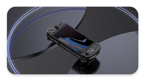 Black Handheld Gaming PC GPD WIN 4 floating on an abstract background
