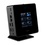 Front view of the Minisforum AtomMan X7 Ti, featuring a sleek, modern design. The device includes multiple ports such as USB, HDMI, and Ethernet. It is designed for high performance with advanced cooling systems, ensuring efficient and quiet operation.