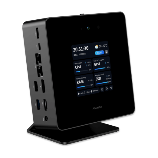 Front view of the Minisforum AtomMan X7 Ti featuring a sleek modern design The device includes multiple ports such as USB HDMI and Ethernet It is designed for high performance with advanced cooling systems ensuring efficient and quiet operation
