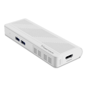 Front view of the Minisforum S100 PC stick, showcasing its compact and sleek design with visible ports including USB3.2 Gen2 Type-A, HDMI, USB3.2 Gen2 Type-C, and RJ45 2.5G Ethernet port. The device features the Intel N100 processor, providing low power consumption and quiet operation. It supports PoE IEEE 802.3at power delivery for enhanced performance and efficiency.