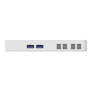 Side render of the Minisforum S100 PC stick, displaying its slim and compact profile. Visible ports include USB3.2 Gen2 Type-A, HDMI, USB3.2 Gen2 Type-C, and RJ45 2.5G Ethernet. Equipped with the Intel N100 processor, the device offers low power consumption, quiet operation, and supports PoE IEEE 802.3at for efficient power delivery