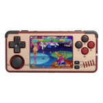 MiYoo A30 handheld gaming console in red and gold colors, featuring a stylish and vibrant design for retro gaming enthusiasts