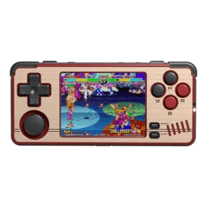MiYoo A30 handheld gaming console in red and gold colors, featuring a stylish and vibrant design for retro gaming enthusiasts