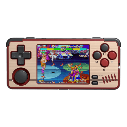 MiYoo A30 handheld gaming console in red and gold colors featuring a stylish and vibrant design for retro gaming enthusiasts