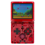 Front view of RG35XXSP in transparent red: A close-up of the RG35XXSP handheld gaming device in a transparent red shell, displaying a retro game on the screen. The D-pad, buttons, and internal circuit components are visible through the casing, giving it a stylish, see-through appearance.