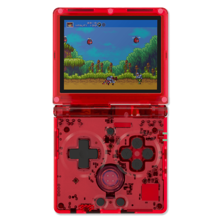 Front view of RG35XXSP in transparent red: A close-up of the RG35XXSP handheld gaming device in a transparent red shell, displaying a retro game on the screen. The D-pad, buttons, and internal circuit components are visible through the casing, giving it a stylish, see-through appearance.