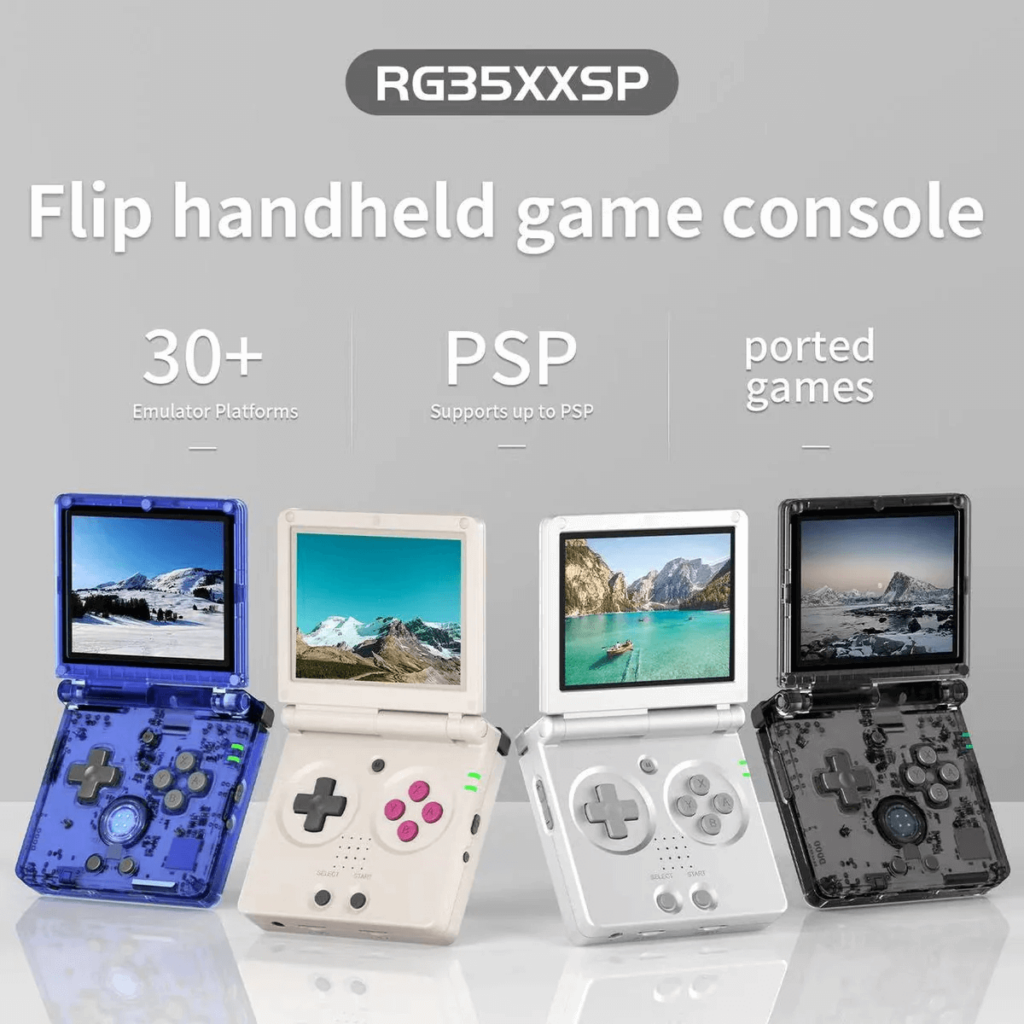 Anbernic RG35xxSP handheld gaming console, featuring a sleek and modern design with advanced features for portable gaming.