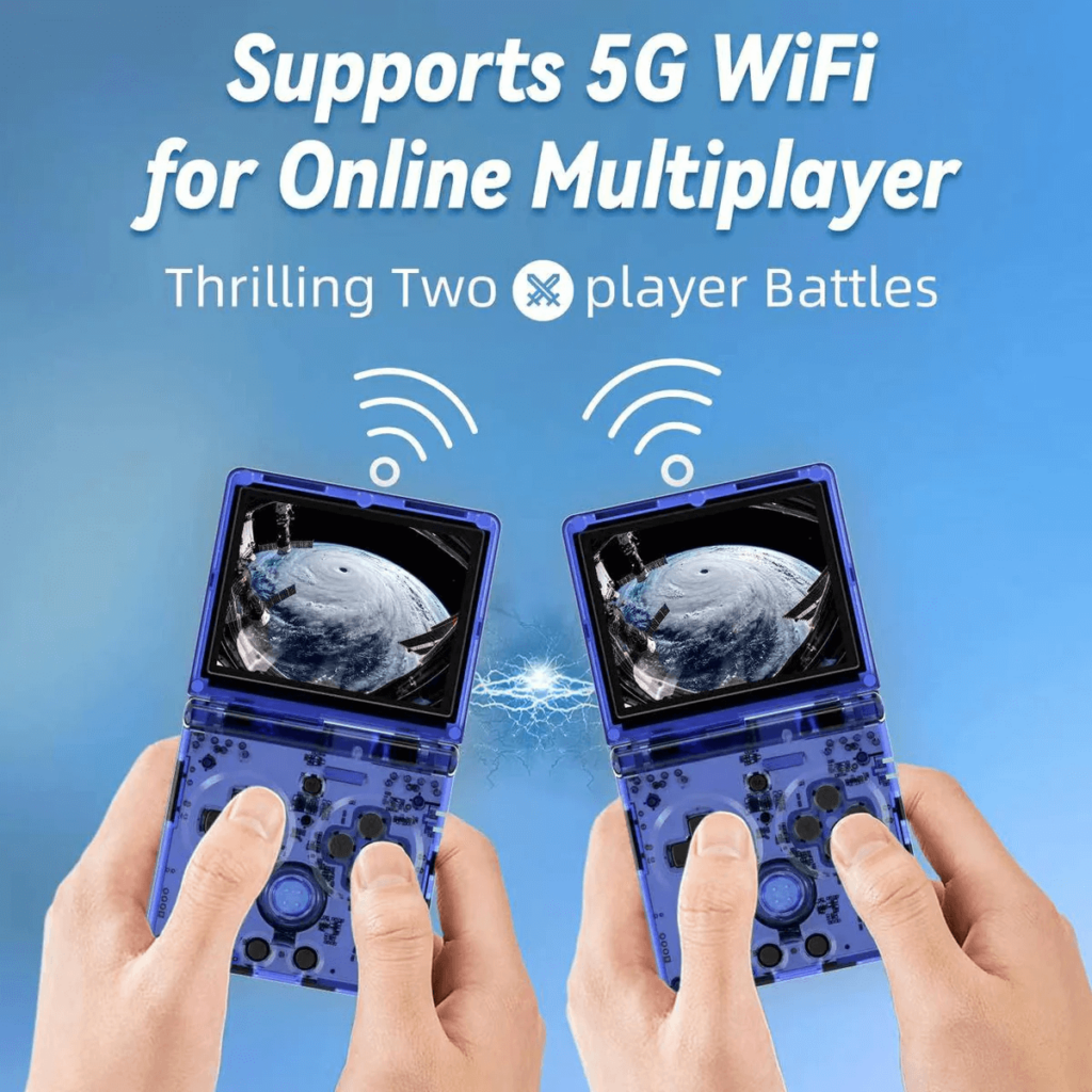 Anbernic RG35xxSP handheld gaming console with 5G WiFi support for online multiplayer gaming. The console features a sleek design, vibrant screen, ergonomic controls, and a compact form factor ideal for portable gaming