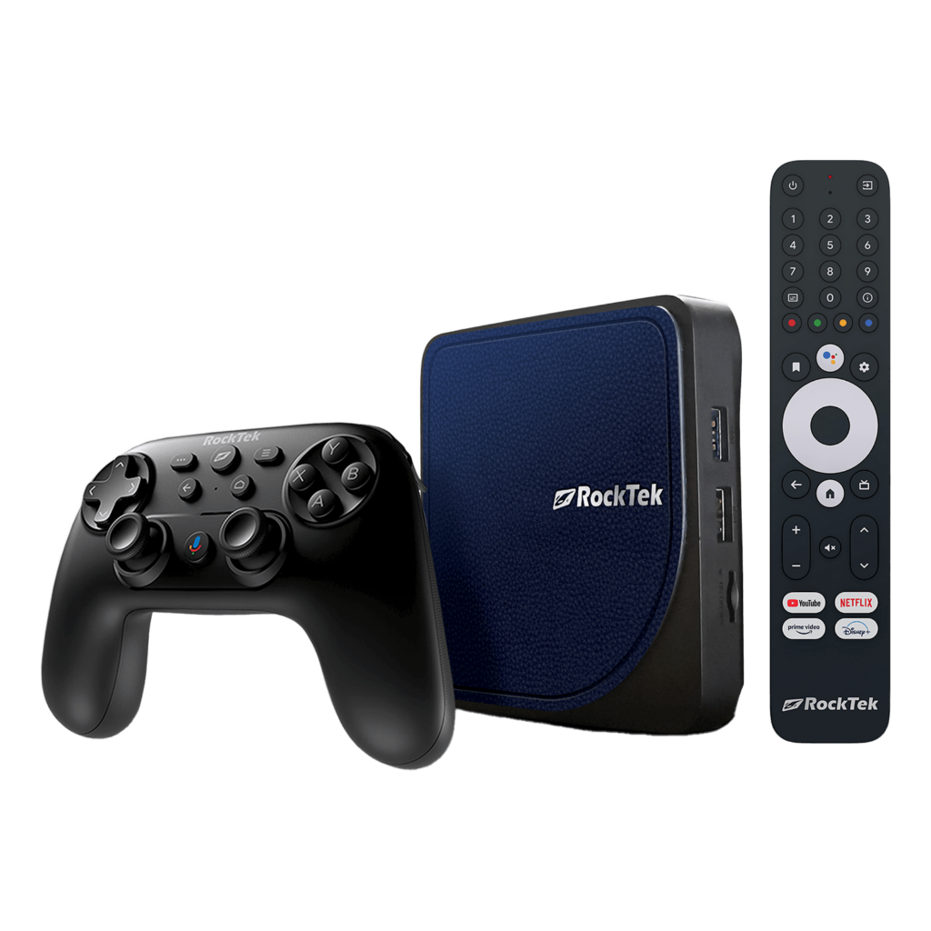 Rocktek G2 media streaming device with a wireless controller, showing a compact black streaming box and a matching black controller with multiple buttons for navigation and control.