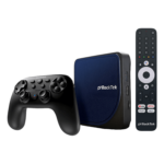 Rocktek G2 media streaming device with a wireless controller, showing a compact black streaming box and a matching black controller with multiple buttons for navigation and control.