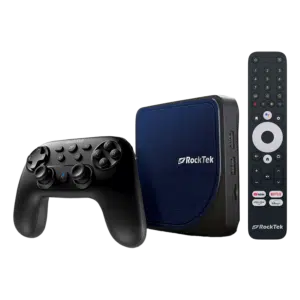 Rocktek G2 media streaming device with a wireless controller, showing a compact black streaming box and a matching black controller with multiple buttons for navigation and control.