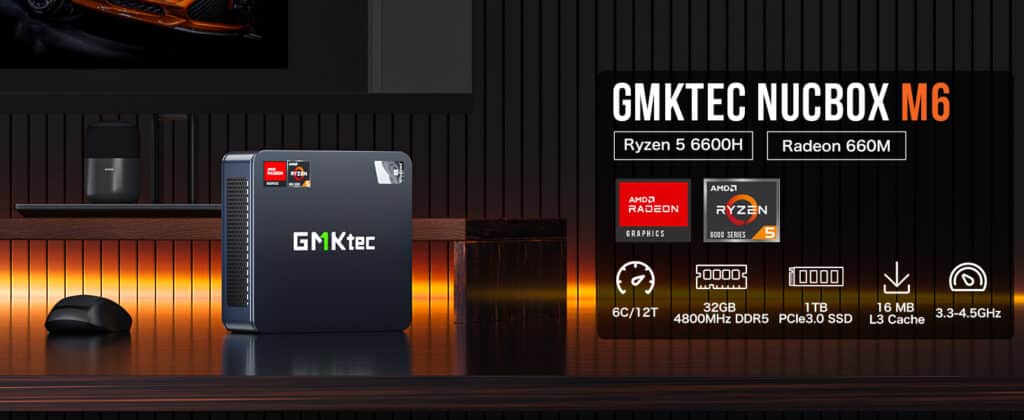 GMKtec NucBox M6 mini PC featuring AMD Ryzen 5 6600H processor and Radeon 660M graphics, designed for efficient computing and graphics performance in a compact form factor