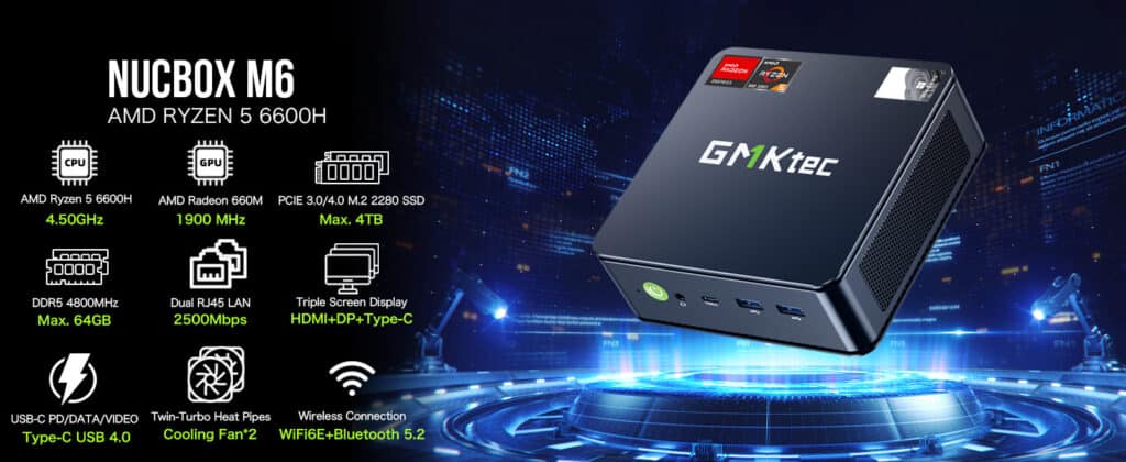 "GMKtec NucBox M6 mini PC featuring AMD Ryzen 5 6600H processor and Radeon 660M graphics, designed for powerful computing and graphics performance in a compact form factor."