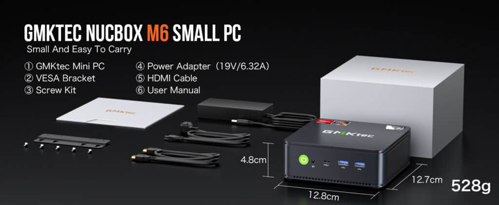 GMKtec NucBox M6 mini PC box contents include the mini PC itself, power adapter, user manual, and necessary cables for setup.