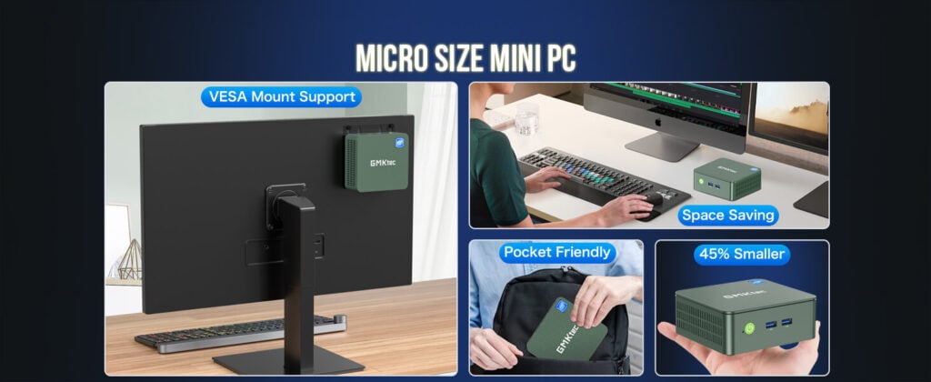 GMKtec Mini-PC in Mikrogröße mit ultrakompaktem Design, das leicht in die Handfläche passt. Das schlanke schwarze Gerät hat ein minimalistisches Äußeres, das ideal ist, um Platz zu sparen und gleichzeitig robuste Rechenleistung zu bieten.