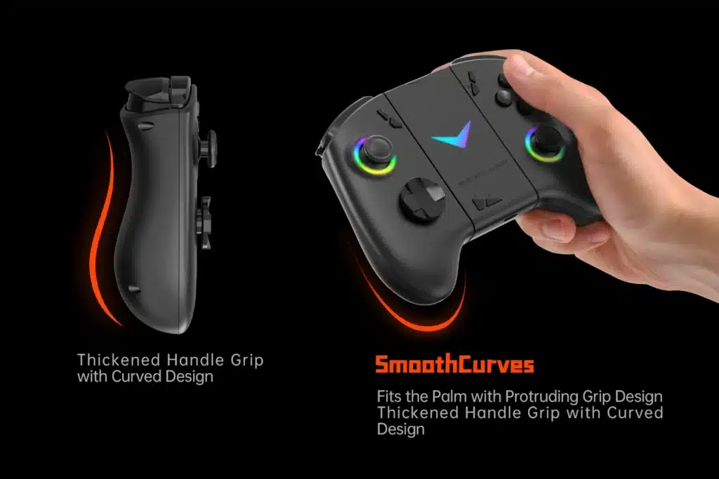 Un controller di gioco mostrato in due viste: una laterale e una in mano. La vista laterale mette in evidenza l&#039;impugnatura ispessita con un design curvo, sottolineando il comfort ergonomico. La vista dalla mano mostra le curve morbide del controller, affermando che &quot;si adatta al palmo della mano con un design sporgente dell&#039;impugnatura&quot;. Il controller presenta anelli colorati intorno ai joystick.