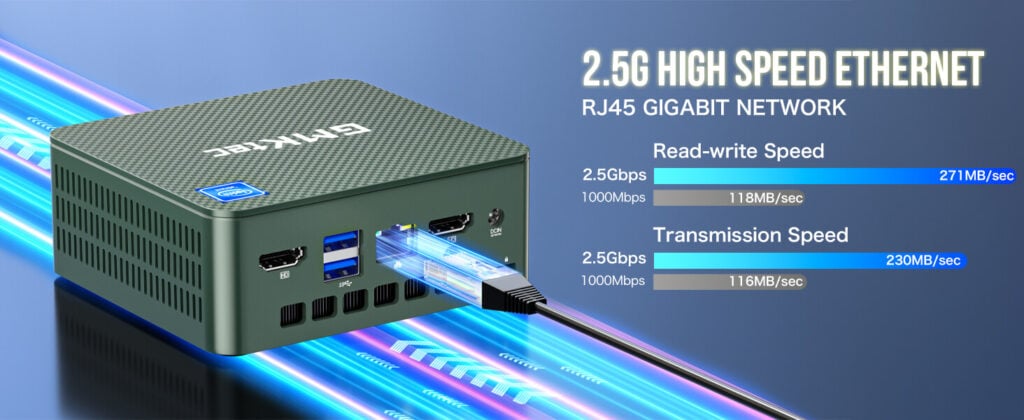 Mini PC GMKtec G3 con Ethernet de alta velocidad 2,5G y puerto de red gigabit RJ45. El dispositivo cuenta con un diseño elegante y compacto de color negro con un botón de encendido frontal y múltiples opciones de conectividad en la parte posterior, incluyendo HDMI, USB y Ethernet.