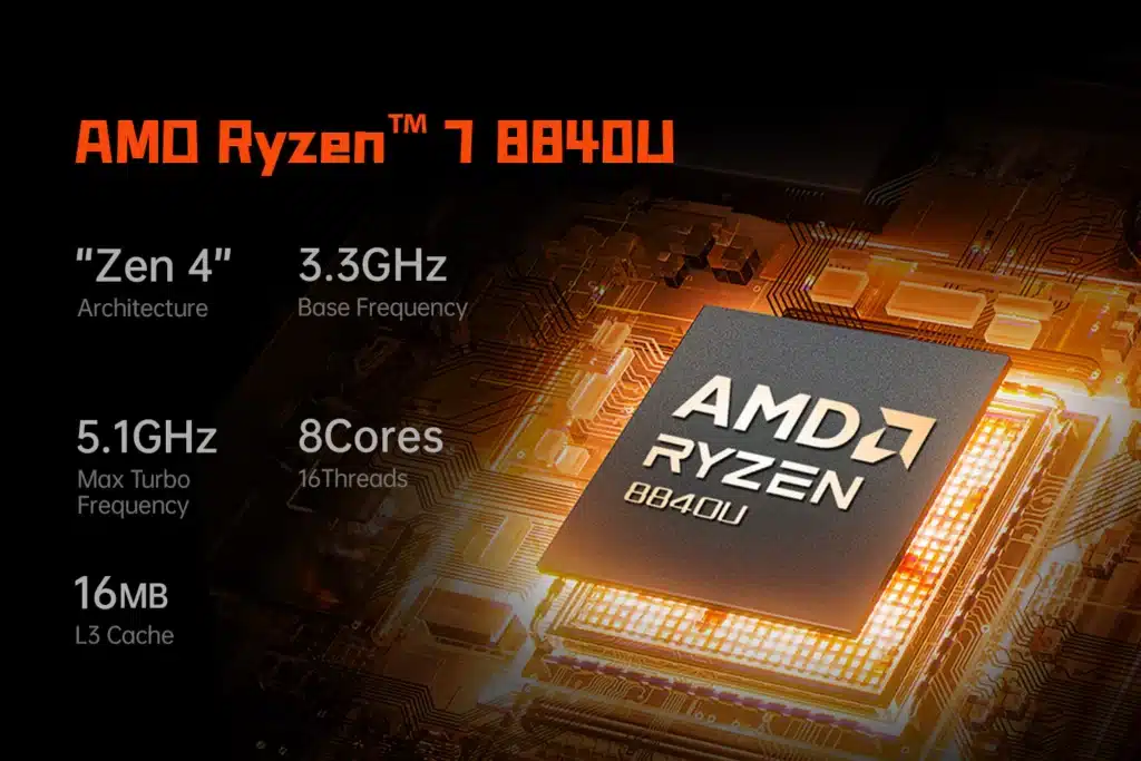  Een afbeelding van de specificaties van de AMD Ryzen 7 8840U processor. Het toont details zoals de &quot;Zen 4&quot;-architectuur, 3,3 GHz basisfrequentie, 5,1 GHz max turbofrequentie, 8 kernen, 16 threads en 16 MB L3-cache.