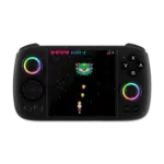 Front view render of the Anbernic RG Cube handheld gaming console in black The device features a sleek black matte finish emphasizing its minimalist and modern design White buttons and control elements contrast sharply against the black surface including a centered screen and various functional buttons This view highlights the compact and ergonomic shape of the Anbernic RG Cube appealing to gamers with its understated yet stylish appearance