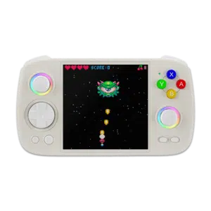 Front view render of the Anbernic RG Cube handheld gaming console in beige and white. The device has a compact, square-shaped design with a beige body and white buttons. The screen is centered with two control buttons on each side, and additional buttons below the screen. The console features a minimalist aesthetic with a retro-inspired look.