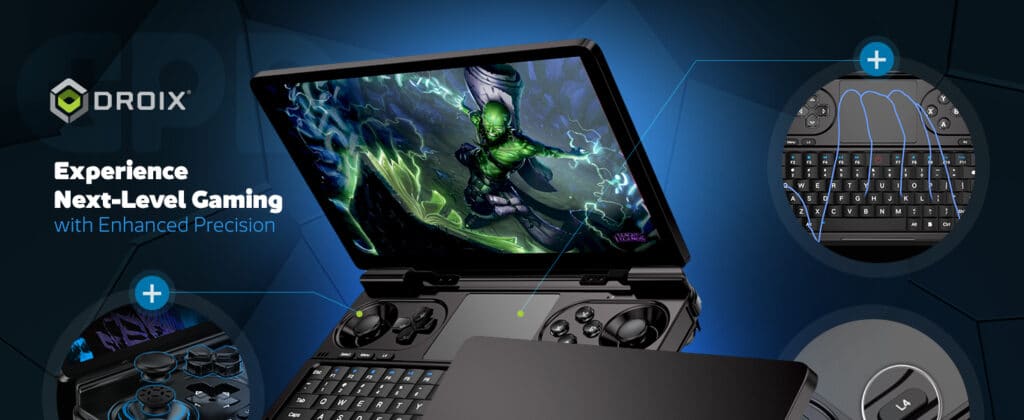 The GPD Win Mini 2024 handheld gaming console, featuring a sleek clam-shell design, open to display the enhanced linear analog trigger buttons for next-level gaming with improved precision and control.
