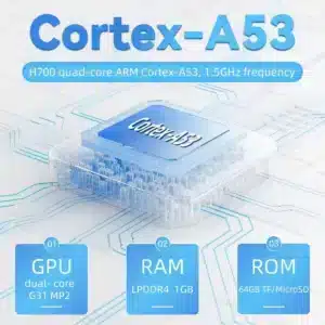 Anbernic RG35XX Plus: CPU quad-core ARM Cortex-A53 H700 a 1,5GHz, con GPU dual-core G31 MP2 per prestazioni di gioco fluide e senza lag.