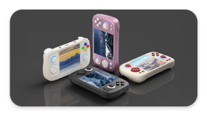 ANBERNIC RG CUBE Retro Handheld Game Console in 4 beautiful colours sitting in different positions, showing how amazing recent retro gaming consoles have become.