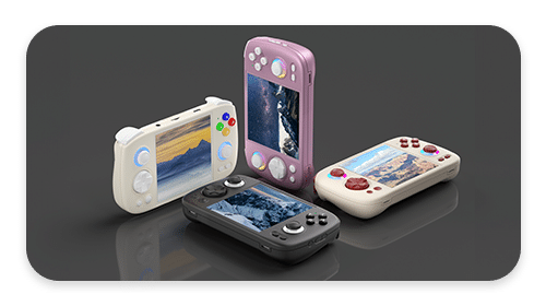 ANBERNIC RG CUBE Retro Handheld Game Console in 4 beautiful colours sitting in different positions, showing how amazing recent retro gaming consoles have become.