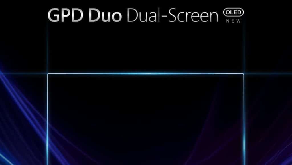 Promotional image for GPD Duo Dual-Screen OLED device. Dark background with glowing blue and purple light effects. A rectangular outline suggests the device's shape, with 'GPD Duo Dual-Screen OLED NEW' text at the top.