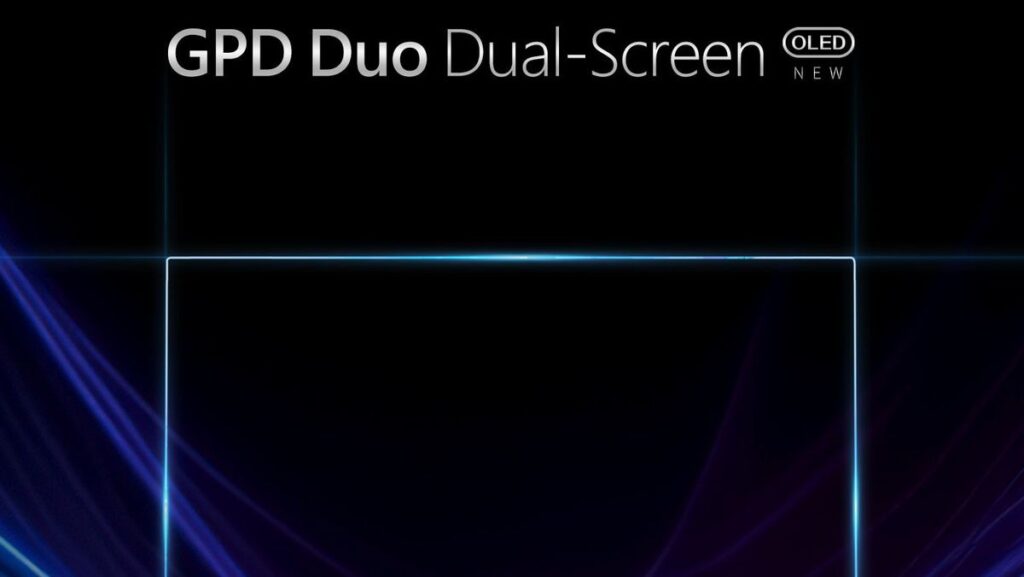 Reklamebillede for GPD Duo Dual-Screen OLED-enhed. Mørk baggrund med glødende blå og lilla lyseffekter. Et rektangulært omrids antyder enhedens form med teksten &quot;GPD Duo Dual-Screen OLED NEW&quot; øverst.